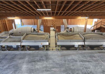 Split hopper configuration allows material from hoppers on both sides of the system to be dispensed into a central transfer conveyor.