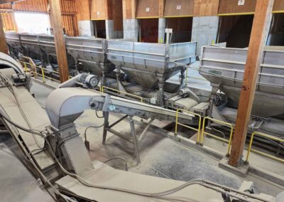 Underbin conveyors feeding into a central transfer conveyor with a Y-valve.